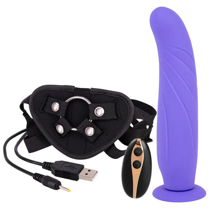 Seven Creations 9" Vibrating Strap-On & Harness - Purple